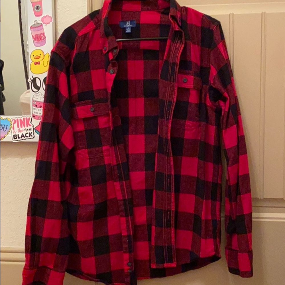 red and black plaid button up top